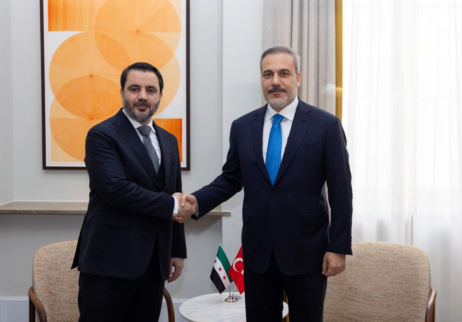 Turkey's FM Hakan Fidan (R) meeting with Minister of Foreign Affairs of the new Syrian government Assad Hassan Shaybani (L).