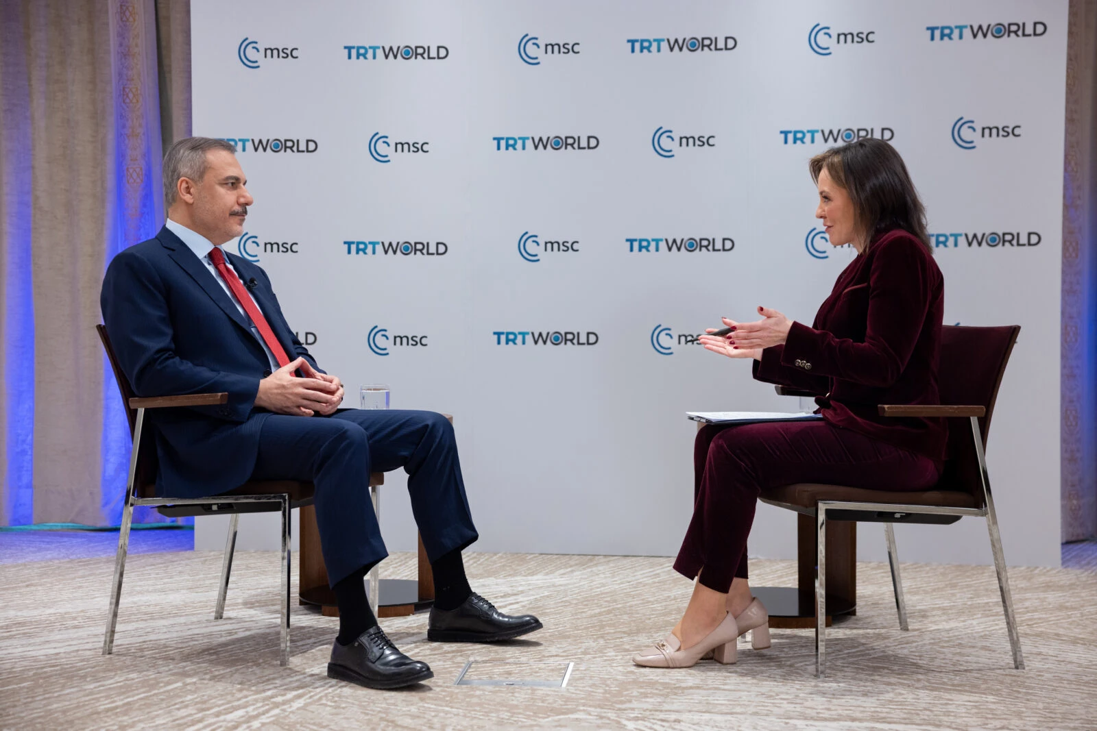 Photo shows Turkey's Foreign Minister Hakan Fidan giving an interview.