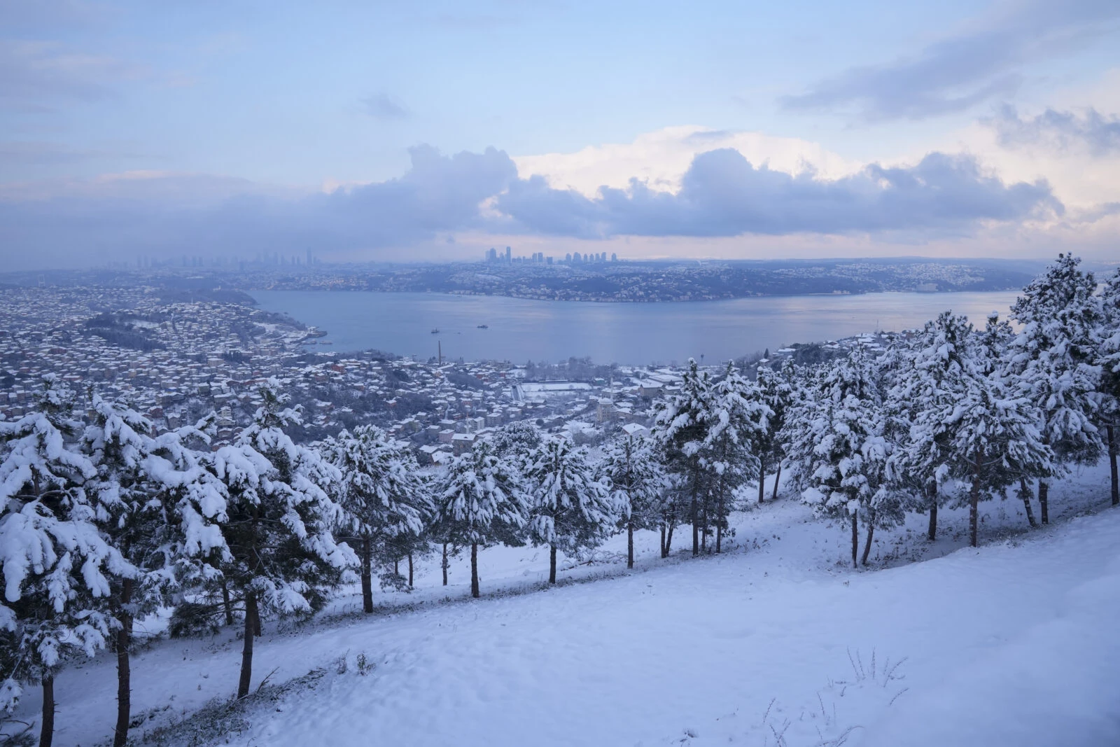 Snow blankets the Beykoz district in Istanbul after a heavy snowfall.