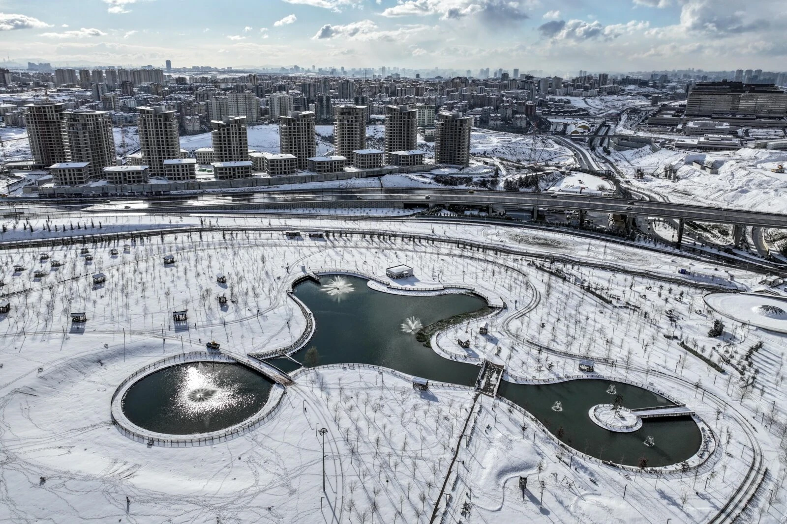 Another aerial shot of Basaksehir National Garden and its surroundings, covered in snow after the snowfall in Istanbul.