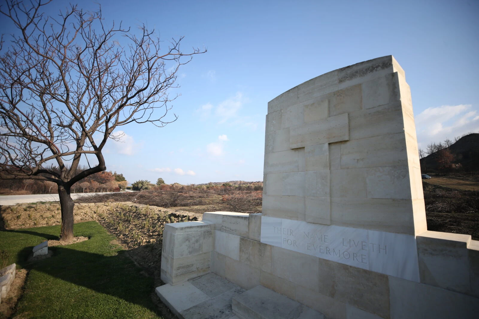 Foreign soldiers' cemetery and monument in Gallipoli Peninsula showing the aftermath of the forest fire on August 15th.