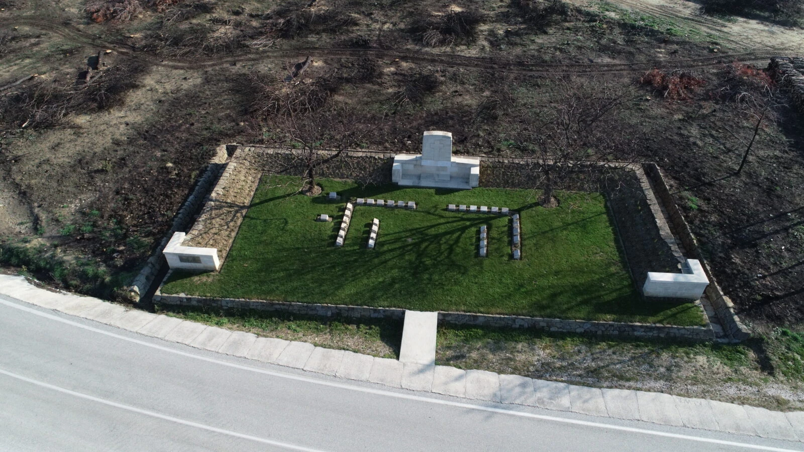 Aerial view of the damaged cemetery and monument for foreign soldiers in Gallipoli Peninsula after the August 15th forest fire.