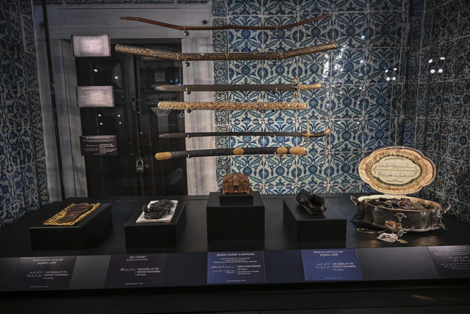 Artifacts in the Sacred Relics Chamber in the Enderun Courtyard of Topkapi Palace, Istanbul, Turkey.