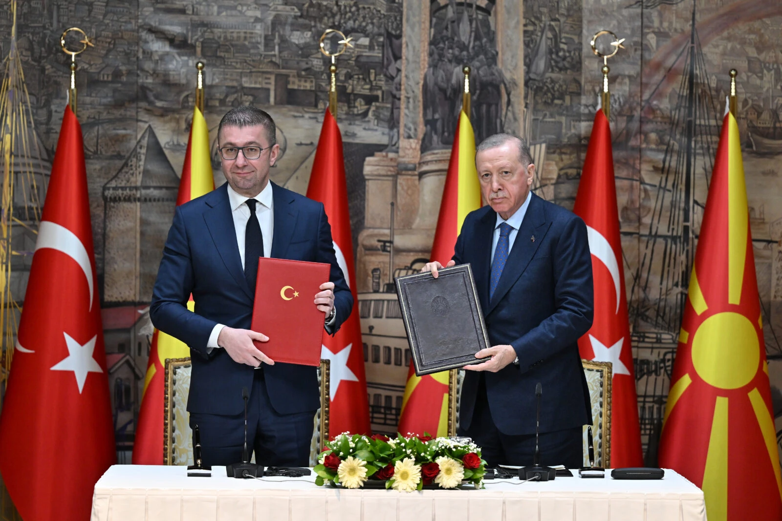 Photo shows President Recep Tayyip Erdogan (R) and Prime Minister of North Macedonia Hristijan Mickoski (L).