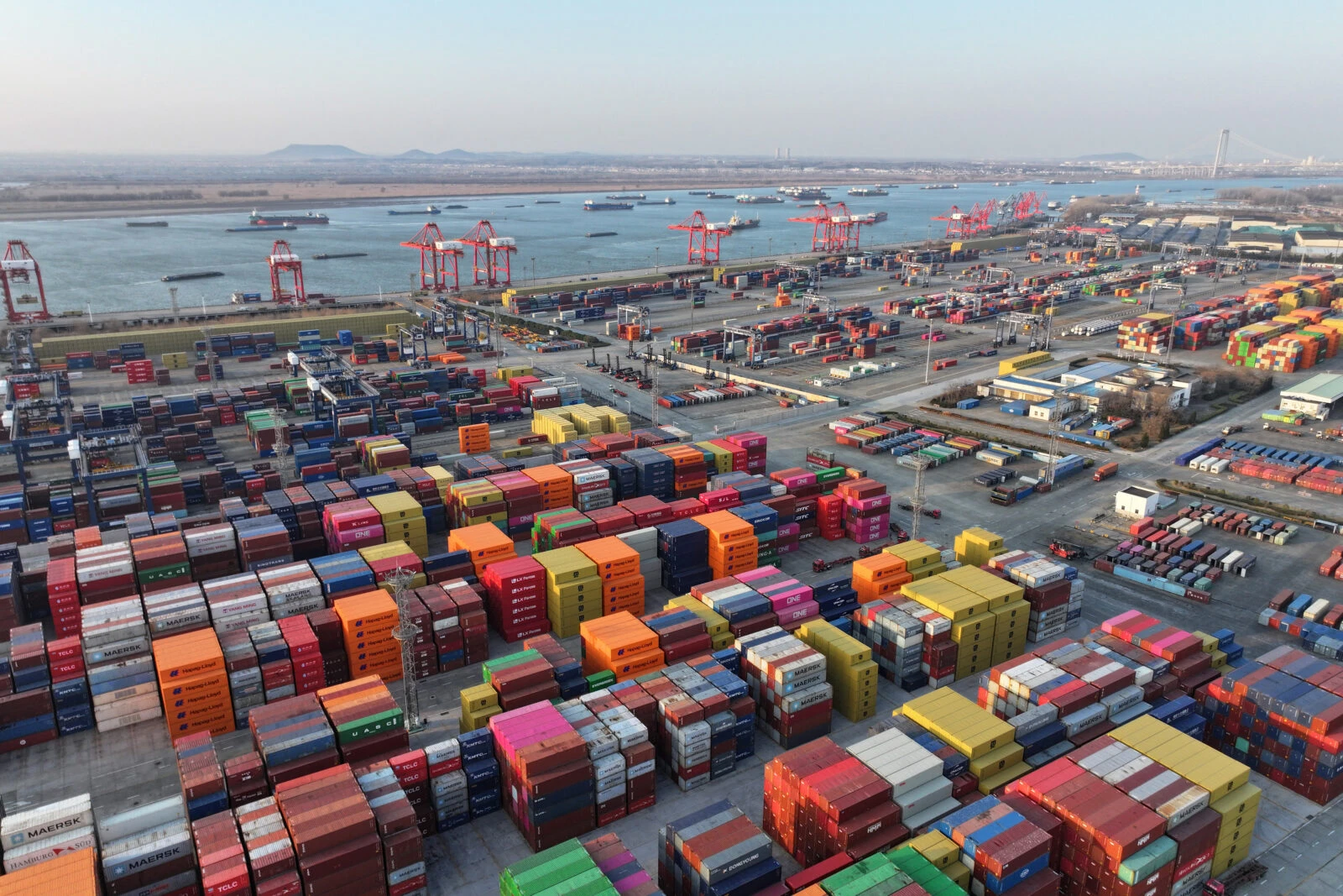 An aerial view shows containers at the port