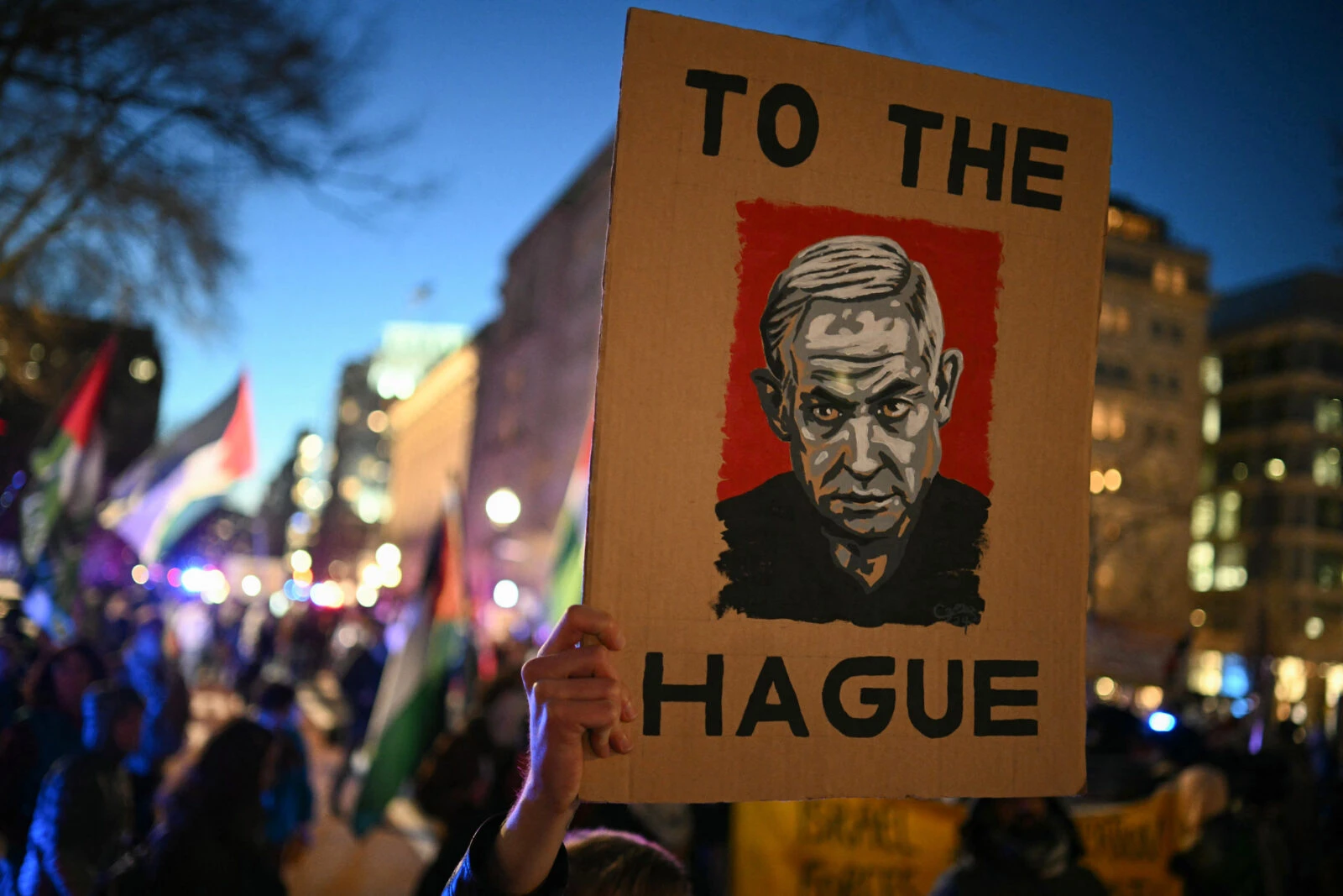 Photo shows a banner raised with netanyahu's picture, with 'to the hague' writyten on it in anti israel protest