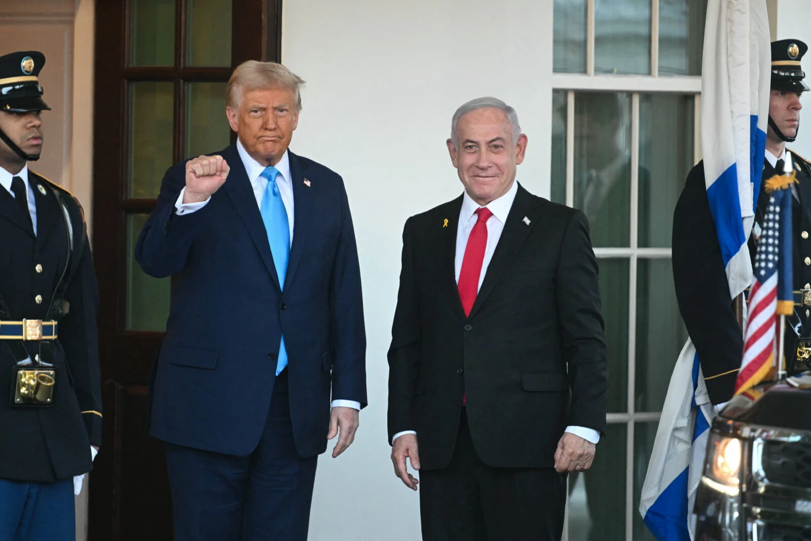 Photo shows U.S. President Donald Trump greeting Israel's Prime Minister Benjamin Netanyahu