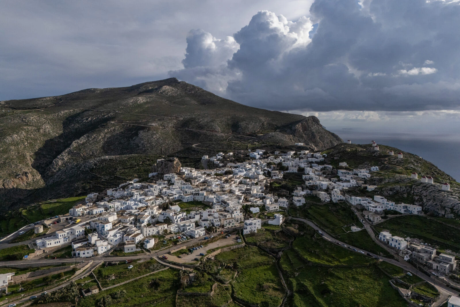 An aerial view shows the main town of Amorgos