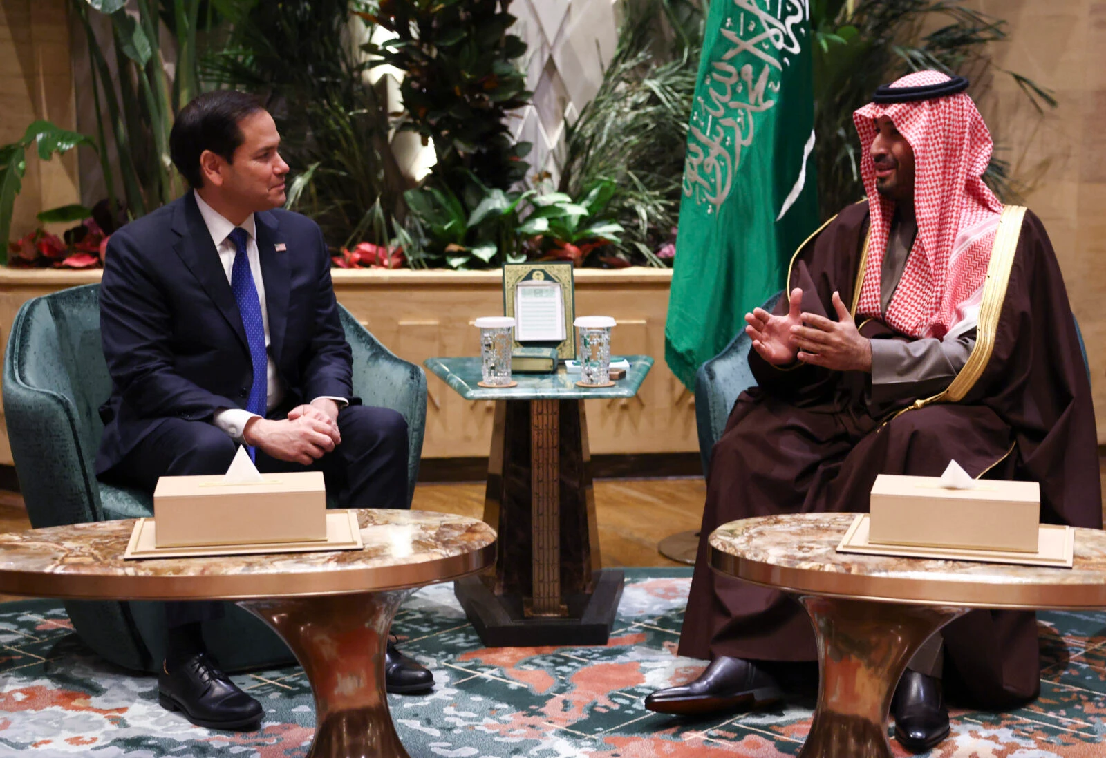 Photo shows us secretary of state rubio and saudi crown prince Salman sitting in Saudi Arabia