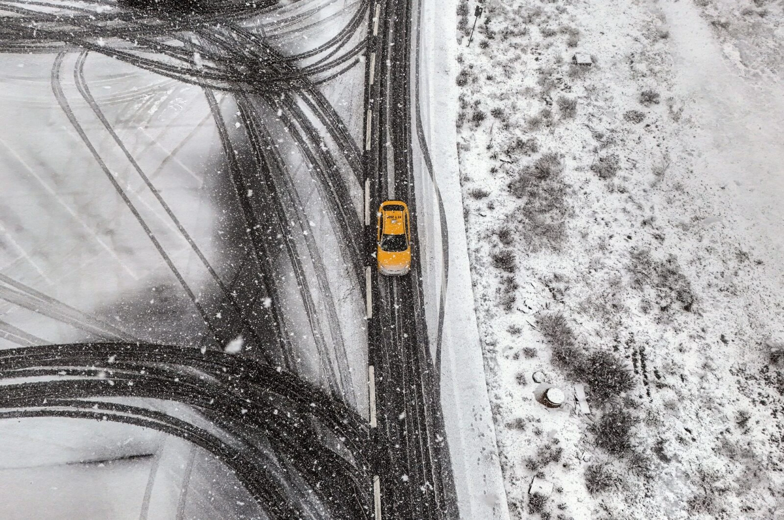 Aerial view of empty main roads in Istanbul with no traffic, as schools are closed.