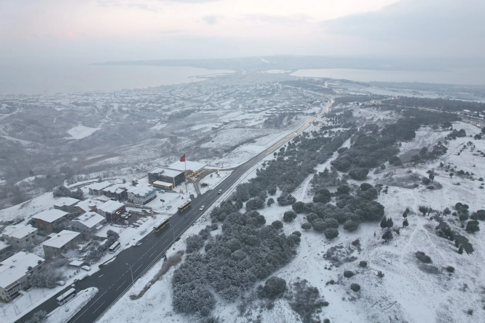 Aerial view of empty main roads in Istanbul with no traffic, as schools are closed.