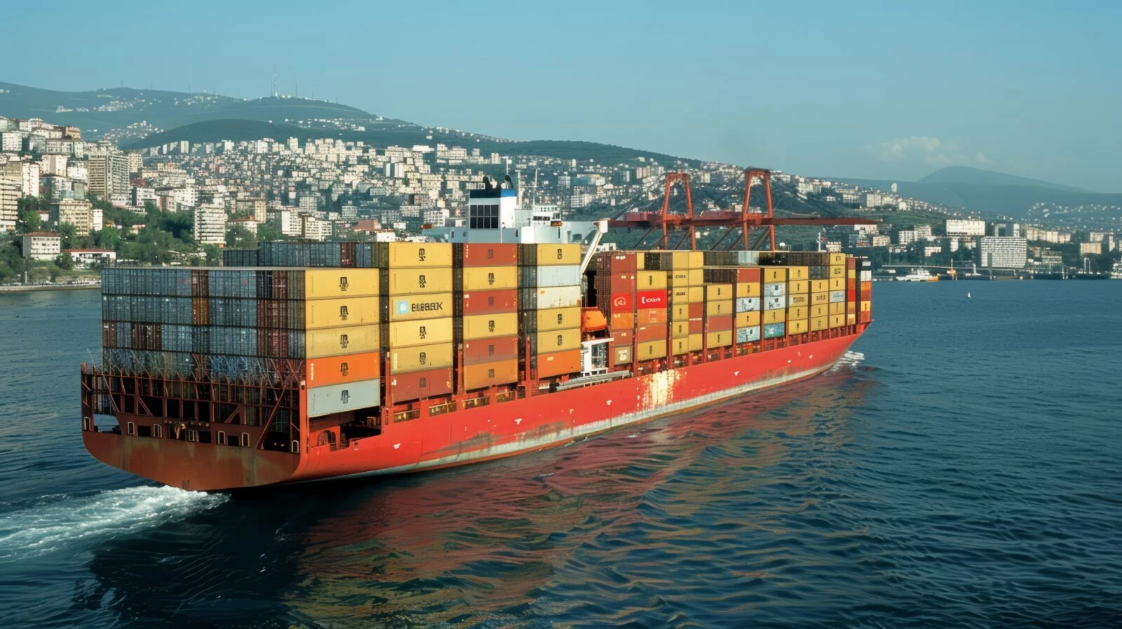 Cargo Ship on Bosphorus with Istanbul Skyline and Historic Buildings in Summer Travel Scene