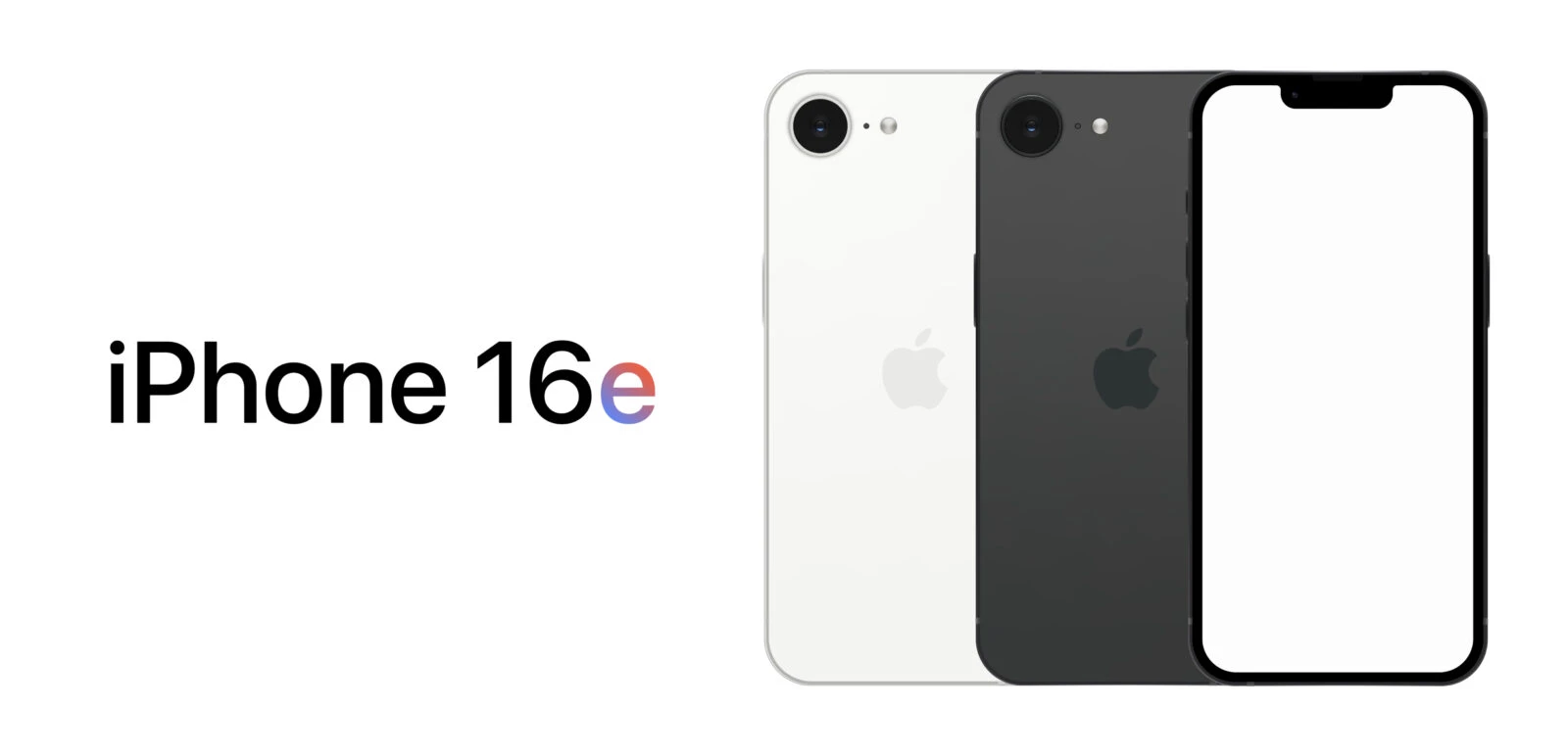  A digital image of the iPhone 16e in white and black colors, showing the rear and front designs. The back features a single camera and Apple logo, while the front has a notched display. The "iPhone 16e" branding is displayed on the left, with the "e" in a gradient of red and blue.