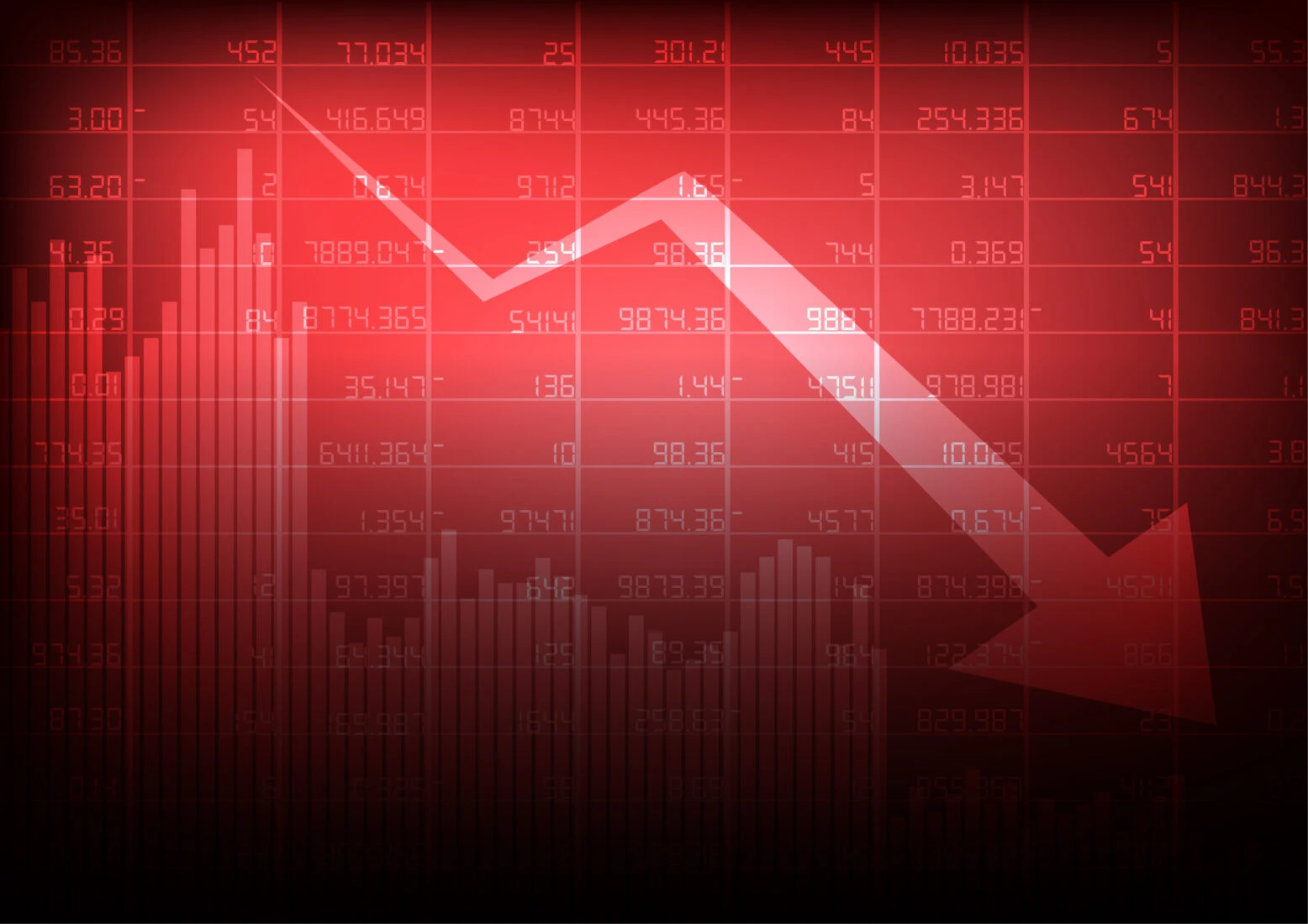 Vector : Decreasing stock board with arrow and business graph on red background