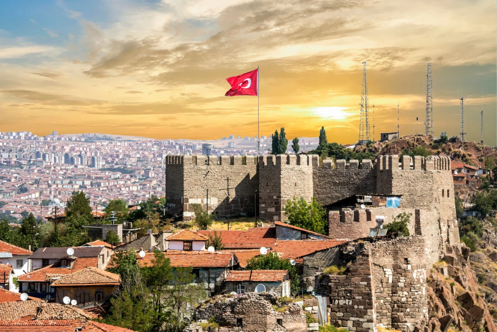 Ankara castle with a beautiful sun in the background