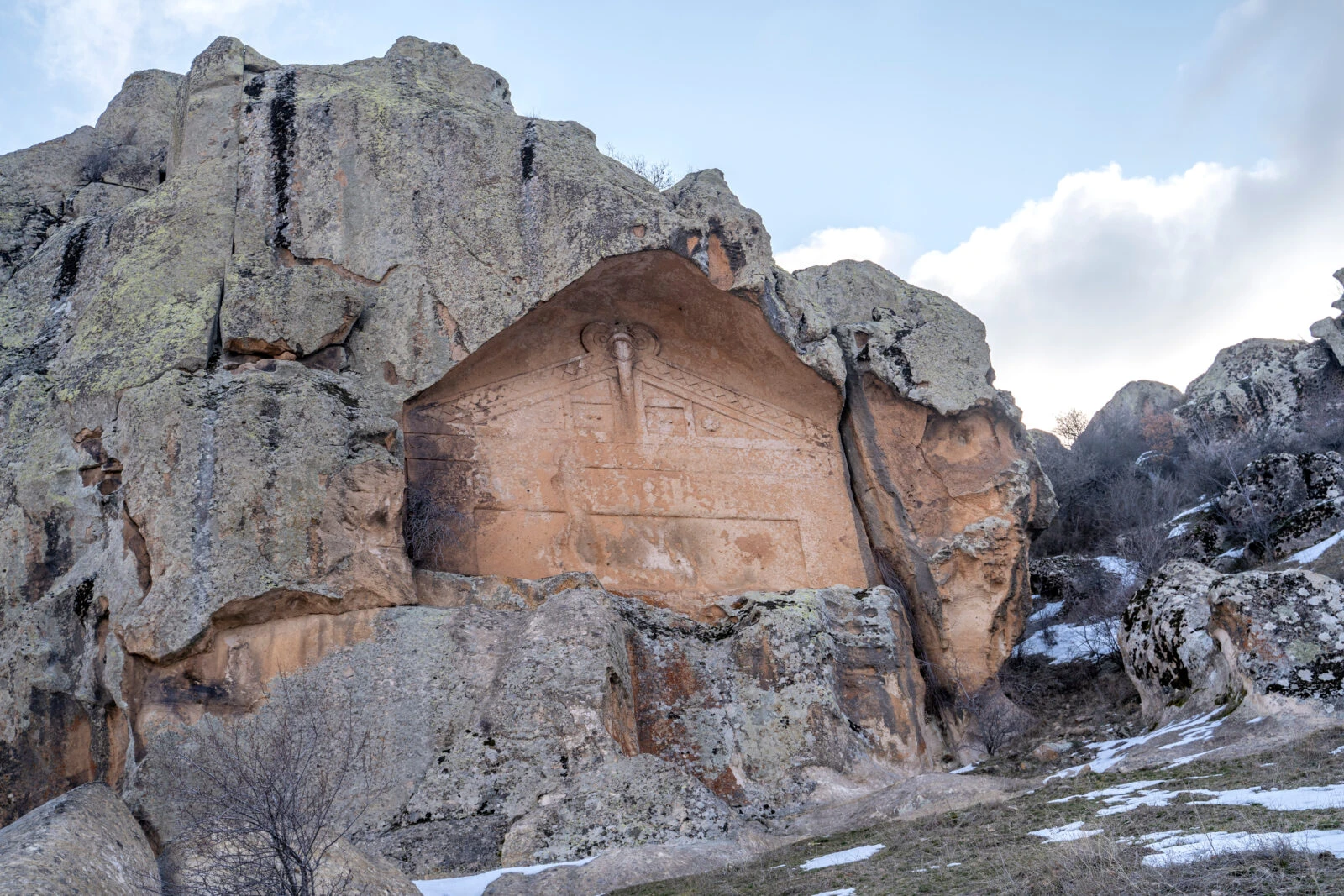 A rock-cut temple dedicated to Kybele in Yazılıkaya, Turkey, featuring an elaborate Phrygian inscription and facade