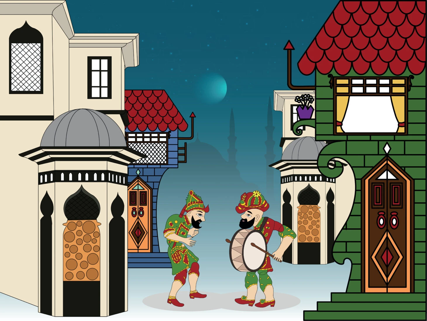 A traditional Ottoman-style illustration of Ramadan drummers waking up the neighborhood for sahur, alongside the famous Turkish shadow puppets, Karagoz and Hacivat.