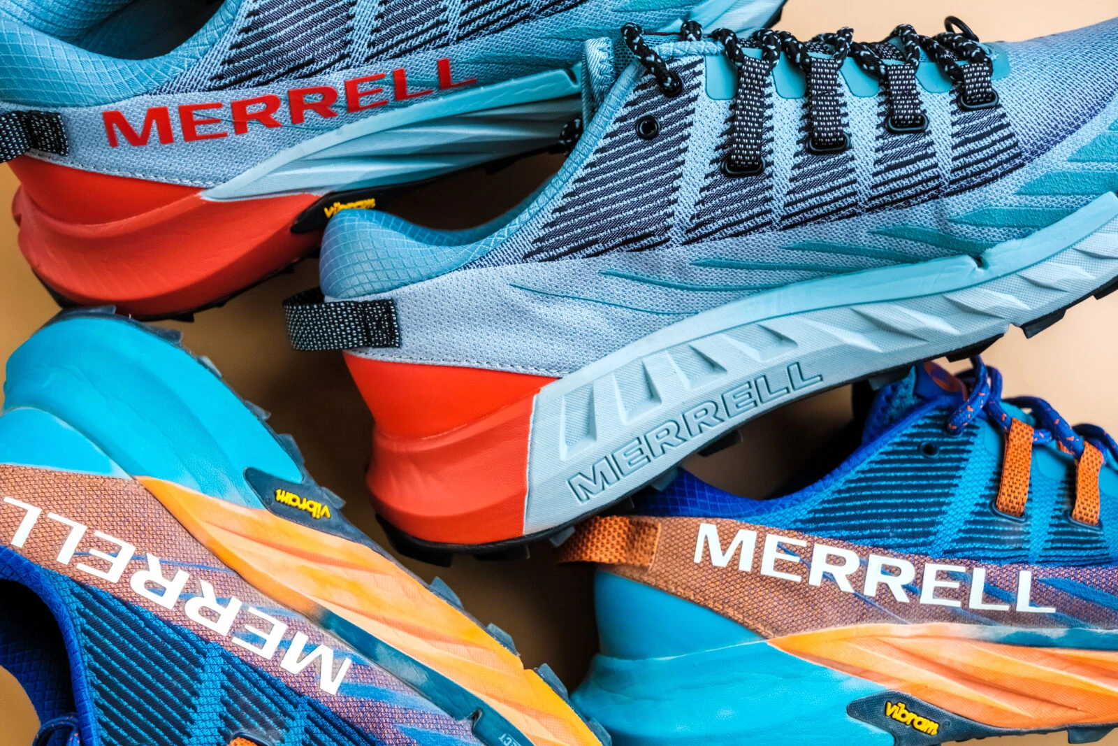 Various trail running shoes from the american brand Merrel