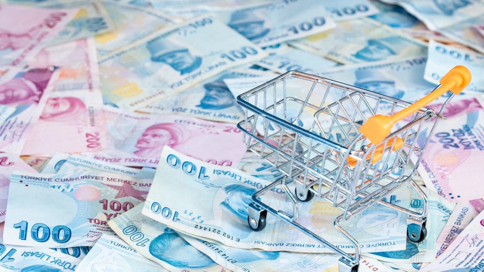 a miniature shopping cart is placed on a pile of Turkish lira banknotes