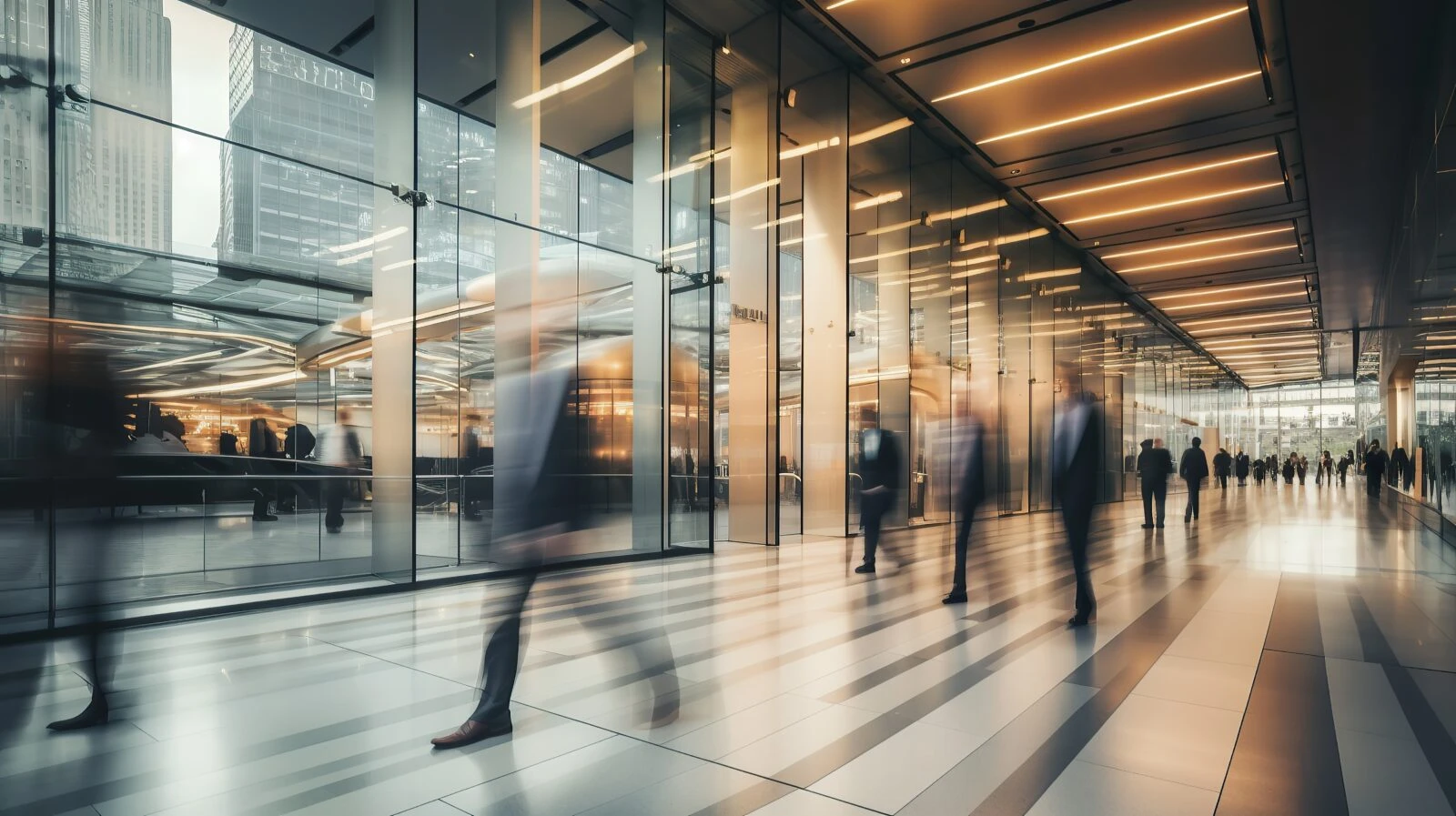 Photo shows a long-exposure shot of a crowd of business professionals walking through a bright office lobby