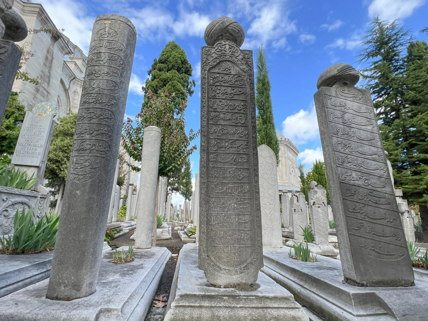 Ottoman tombstones in the sultans' cemetery at Suleymaniye Mosque, Istanbul.