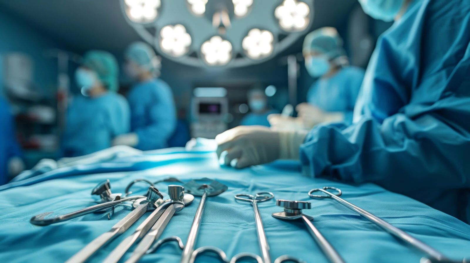 Medical professionals wearing gloves selecting surgical instruments from a table covered with a sterile blue drape, preparing for an operation.