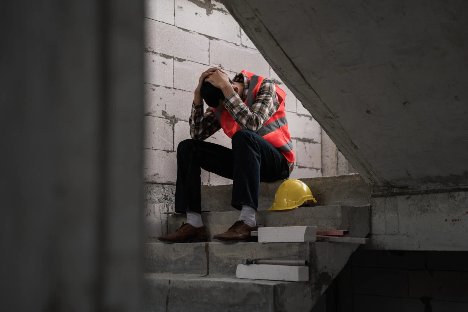 Young male construction worker staff feeling sad and upset while sitting on the floor of the building construction site due to been fired from job cause by company bankruptcy economic recession.