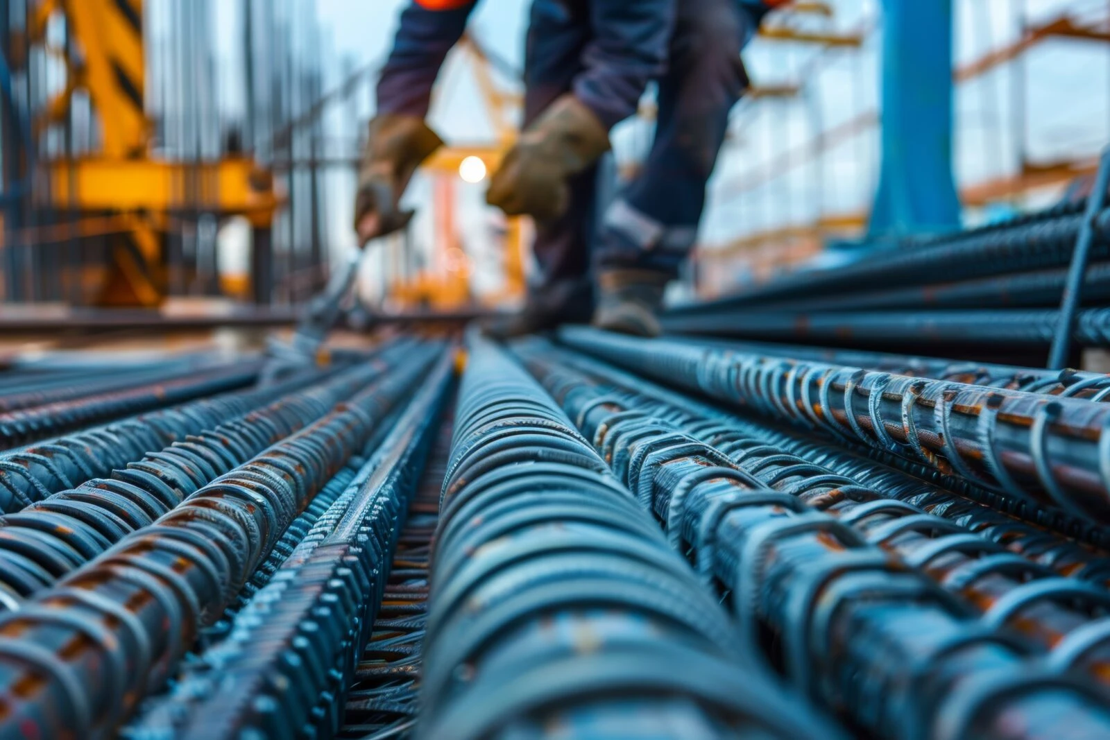 a construction worker is assembling steel reinforcement bars 