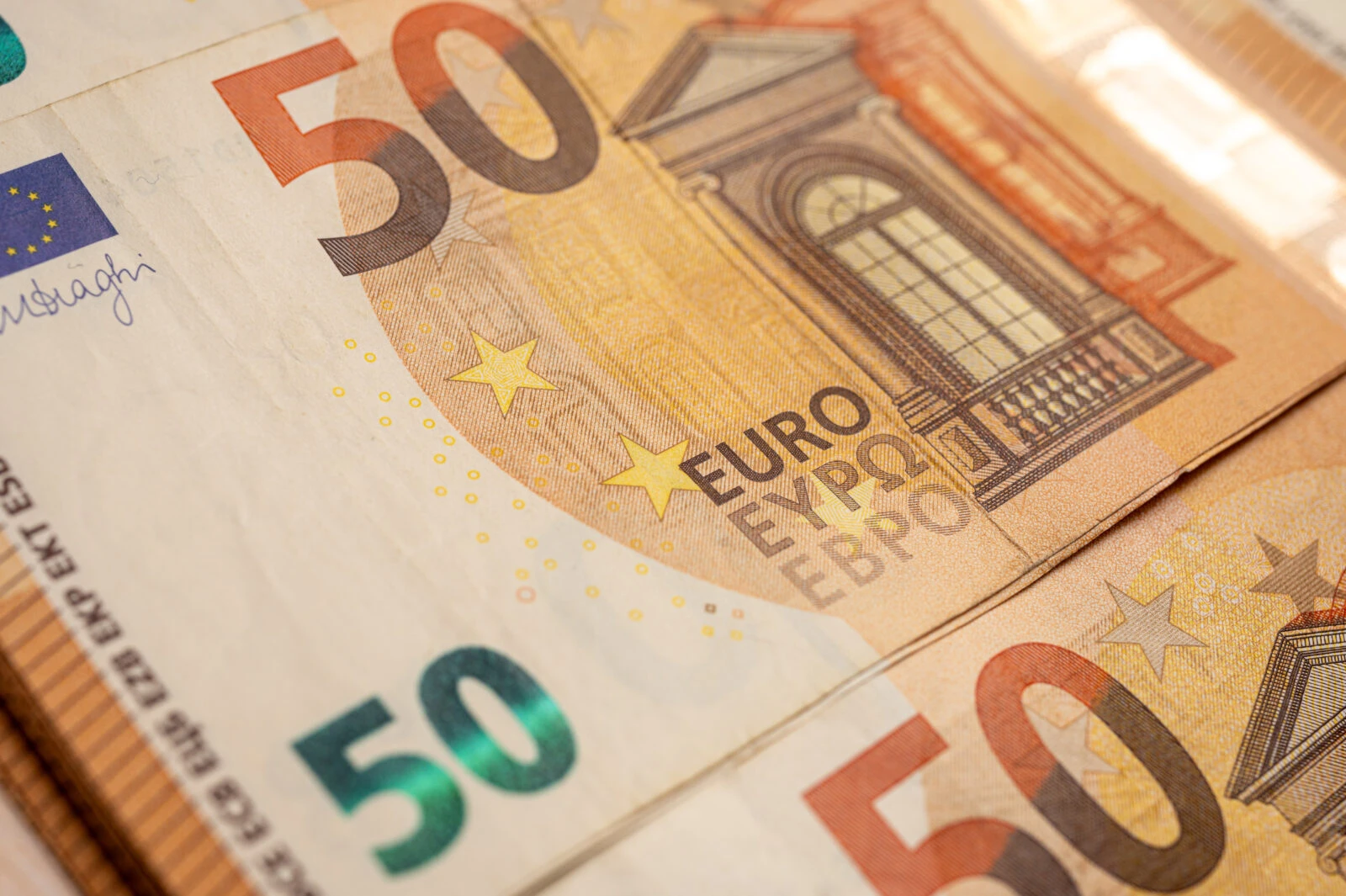 A close-up view of a €50 euro