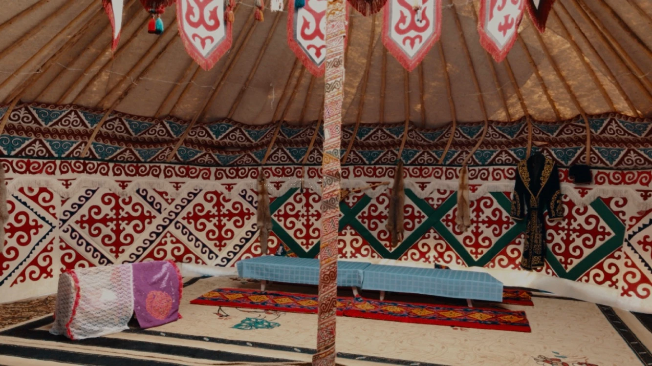 Photo shows Kazakh yurt with Shyrdak design