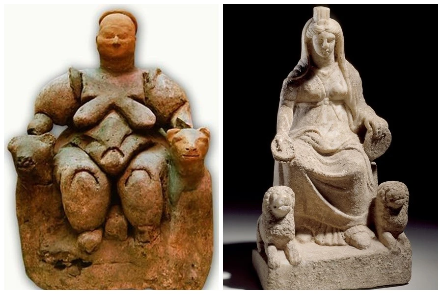 Two representations of Kybele, the Anatolian mother goddess, reflect the evolution of her imagery