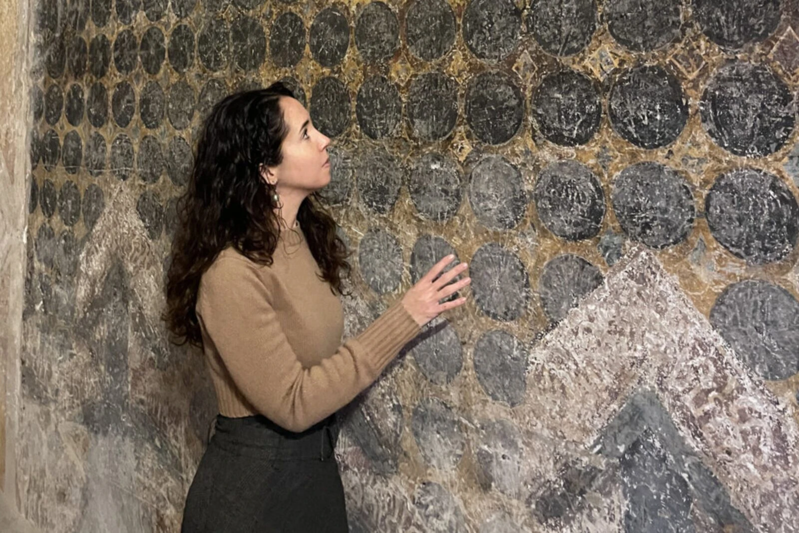 Federica Gigante observing the fresco in the Church of S. Antonio in Polesine, Ferrara, Italy.