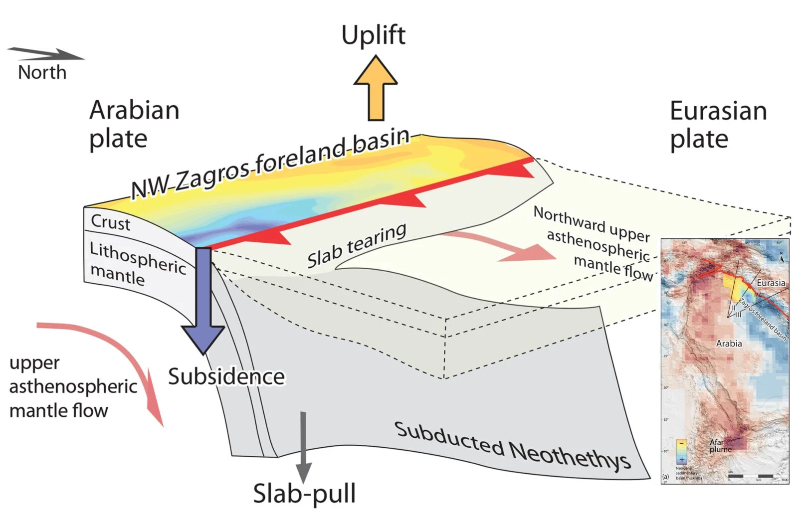 Conceptual illustration of the NW Zagros foreland basin's evolution during the Neogene, with an isopach map of Neogene deposits (∼20–5 Ma) showing the location of high-density cold upper-mantle material.