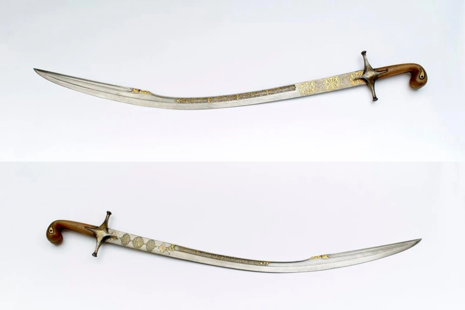 A historic Ottoman kilij sabre inscribed with the name of Sultan Selim III, crafted from gold-inlaid horn and metal. The artifact, stolen from Türkiye, is displayed in the British Museum.