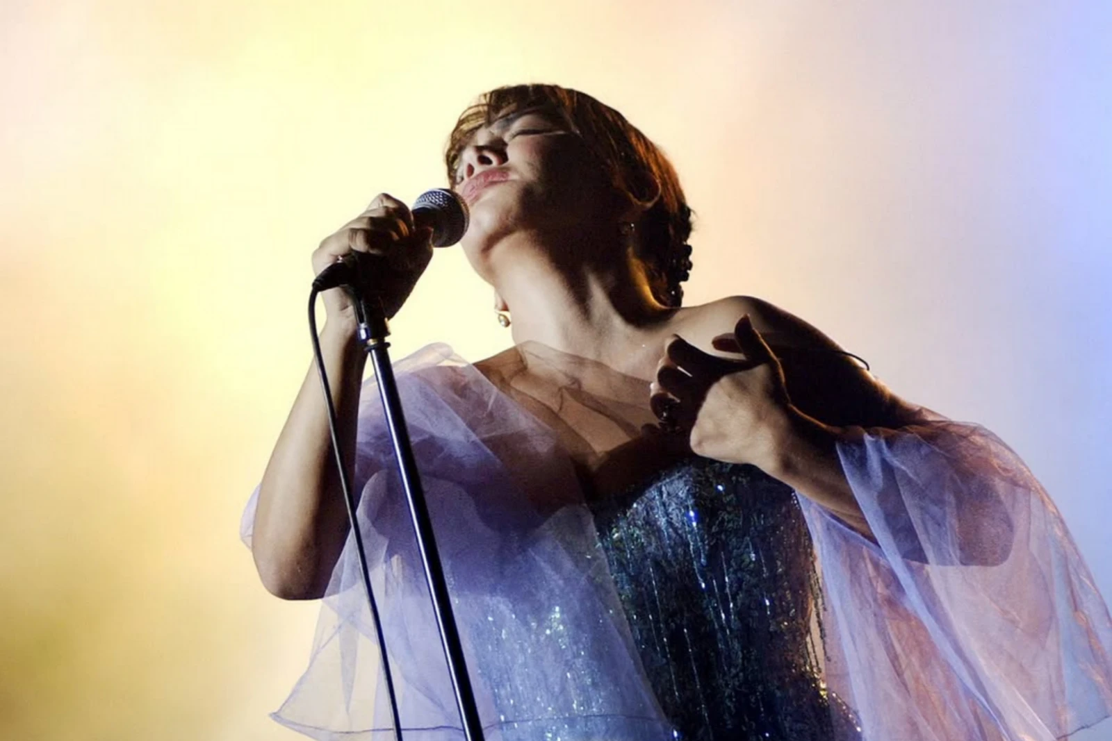 Sezen Aksu singing passionately into a microphone on stage, wearing a sparkling dress and sheer shawl