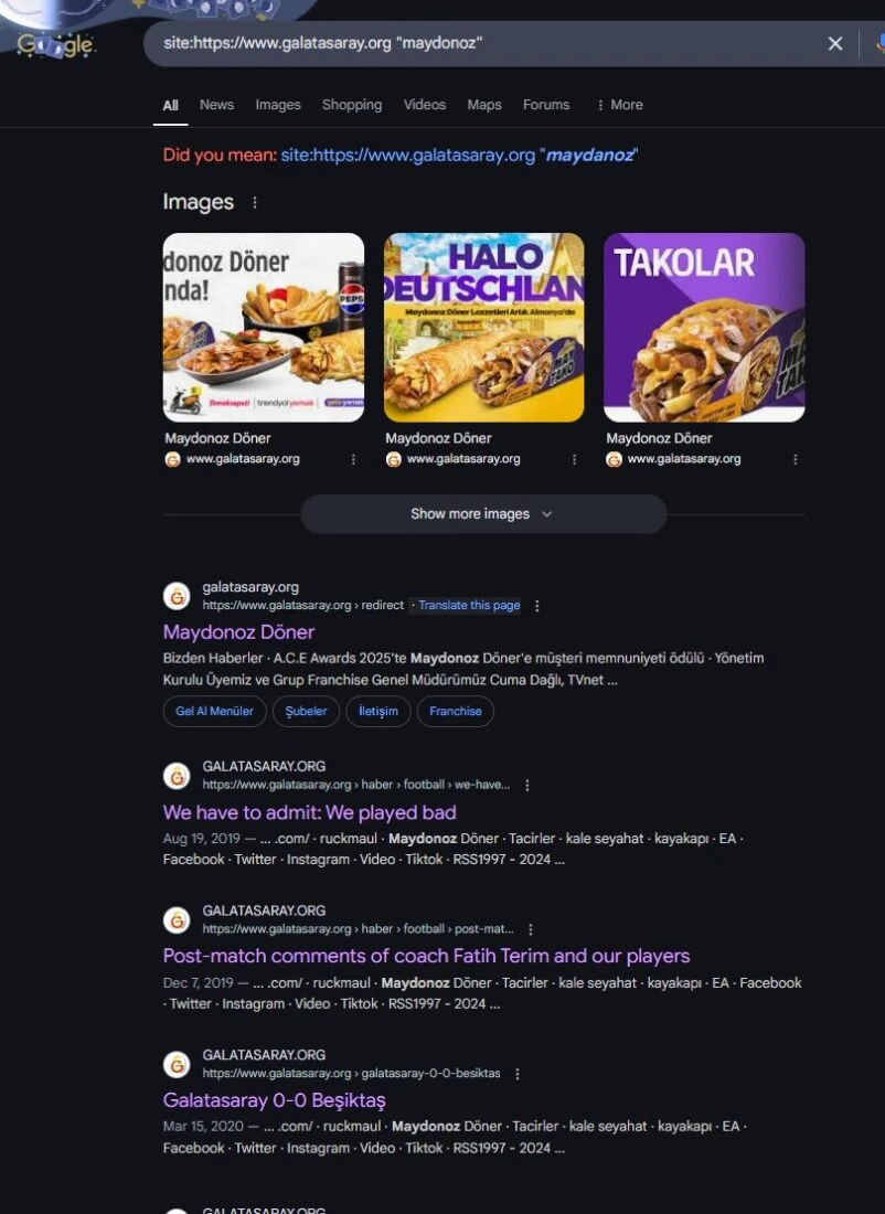 Photo shows google search query (website:galatasaray.org "maydonoz") revealing Turkish football club Galatasaray's page including direct links to FETO terror linked Maydonoz Doner