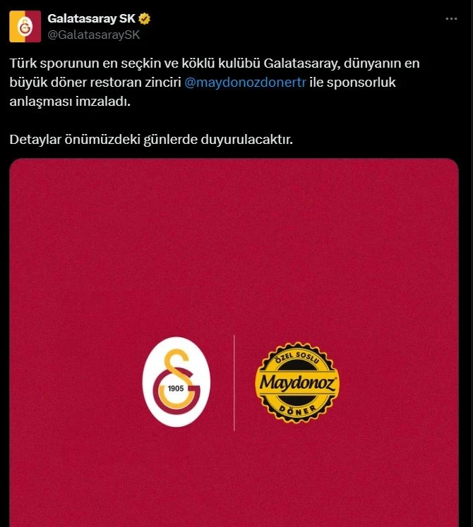 Screenshot of a Galatasaray SK tweet featuring the Galatasaray football club logo and Maydonoz Doner logo side by side on a burgundy red background. Above the image is Turkish text announcing a sponsorship agreement