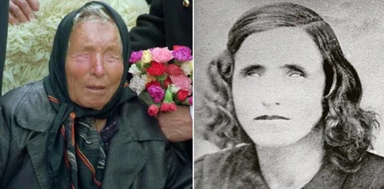 A black-and-white portrait of a young Baba Vanga, the blind Bulgarian mystic, with wavy hair and a solemn expression, before she became widely known for her prophecies.