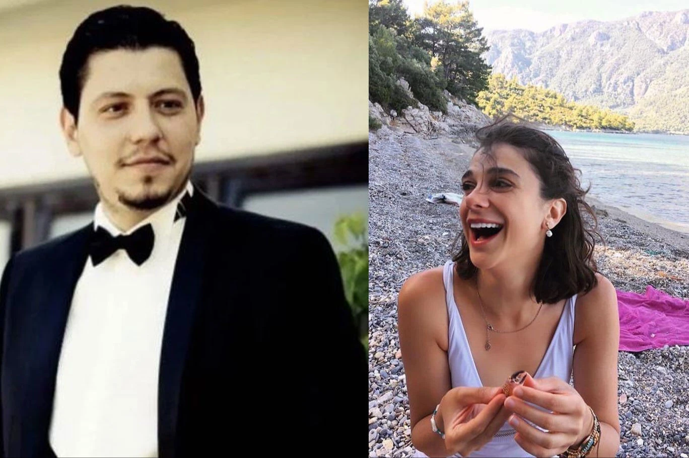 A composite image featuring Cemal Metin Avci in a tuxedo on the left and Pinar Gultekin smiling by the sea on the right