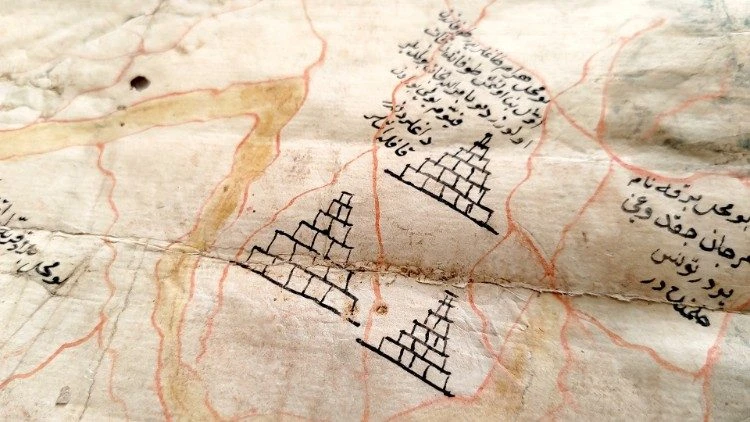 A close-up view of the cartographic details on a map of the Nile, showing intricate geographical features. (Source: DigiVatLib)