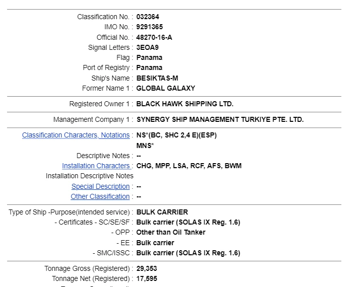 Photo shows  information about the merchant vessel Besiktas-M.