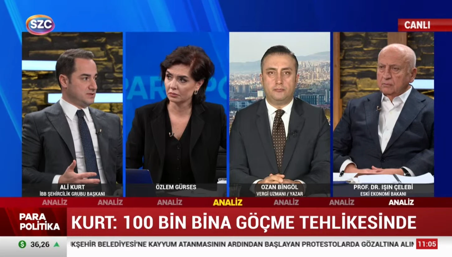 A live broadcast of the Turkish news program "Para Politika" featuring four panelists discussing Istanbul's structural risks. Ali Kurt, Head of Istanbul Metropolitan Municipality’s Urban Planning Group, is seen speaking on the left, while host Özlem Gürses listens attentively. Tax expert Ozan Bingöl and former Minister of Economy Prof. Dr. Işın Çelebi are also present in the discussion. The headline on the screen warns that 100,000 buildings in Istanbul are at risk of collapse.