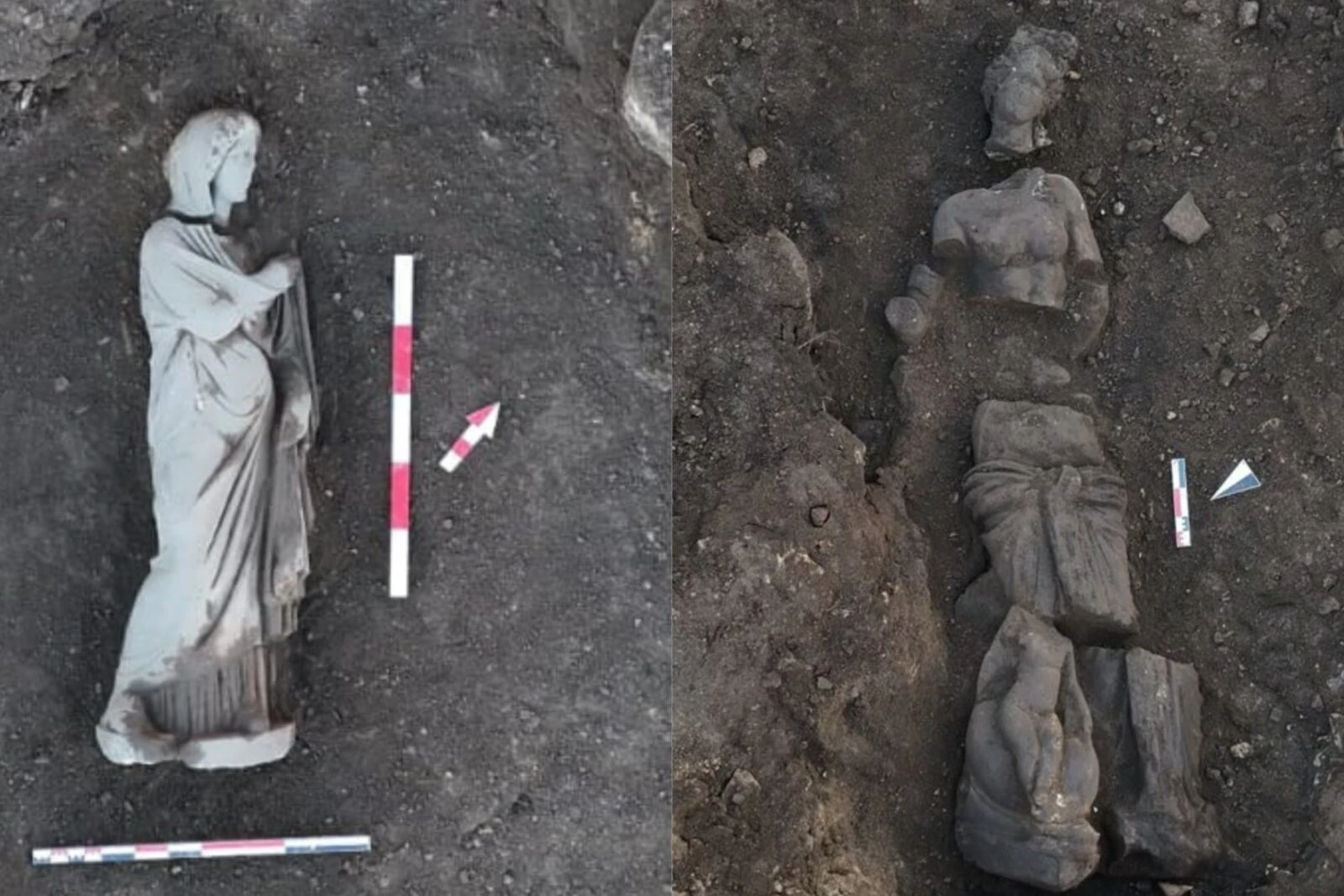 Two ancient statues from different periods, discovered during excavations in Türkiye's Perge Ancient City, stand partially restored.