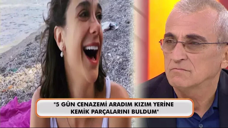 A split-screen showing Pinar Gultekin’s smiling image on the left and her father, Siddik Gultekin, speaking on a TV show on the right