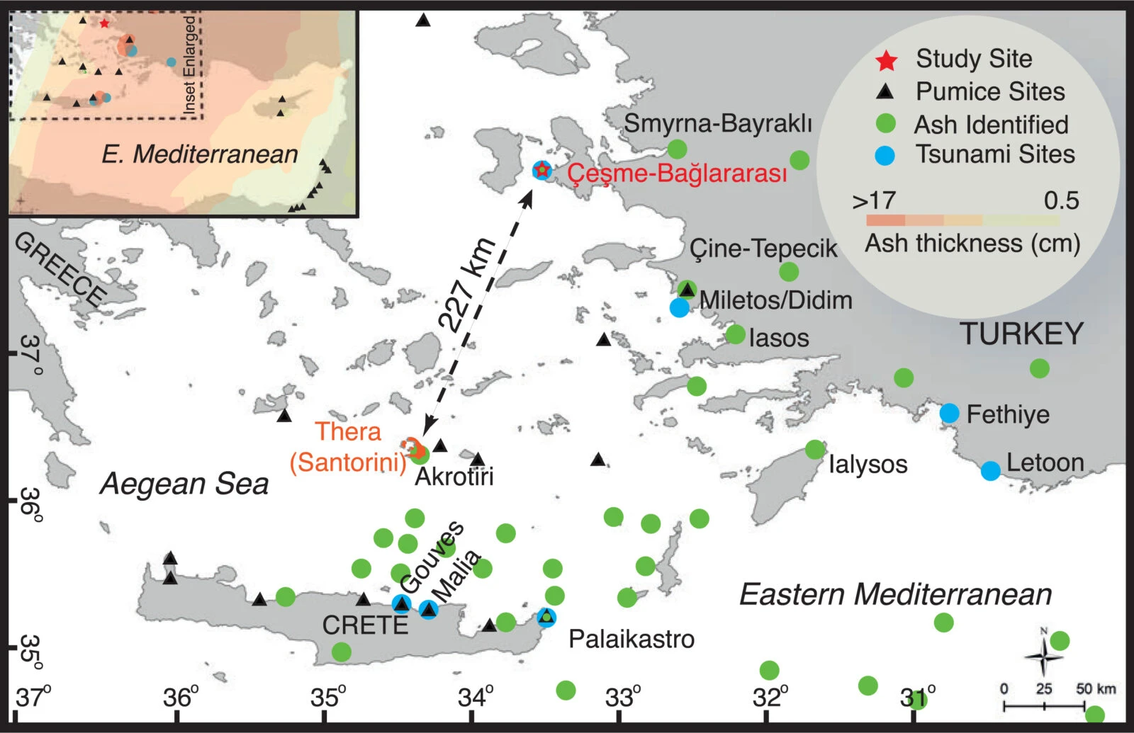 Santorini volcano - Map displaying the Aegean and Eastern Mediterranean Seas, emphasizing locations with evidence of the LBA eruption of Thera ("Bo"). An inset shows contours of ash thickness.