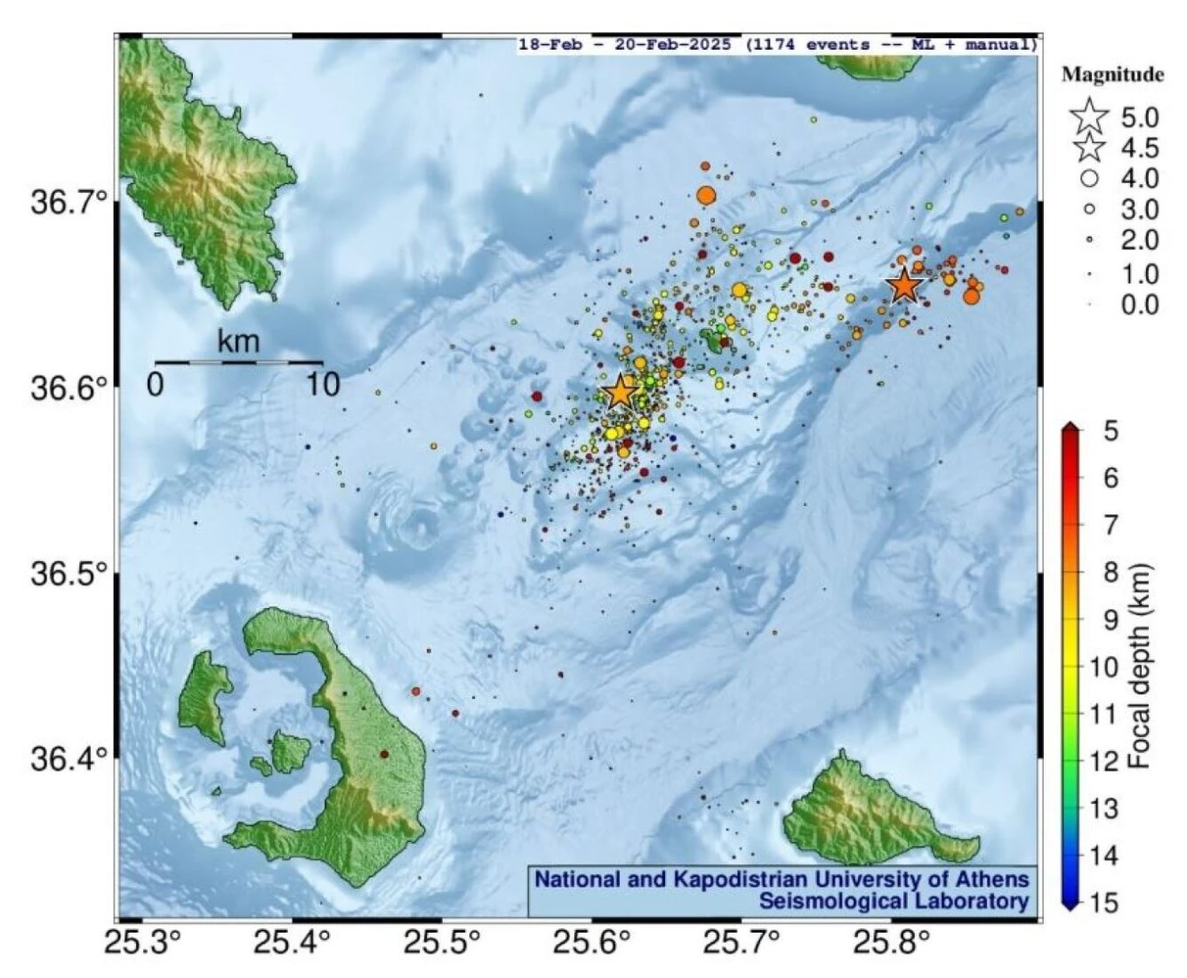 Map showing the distribution of earthquakes in the Cyclades region (Santorini-Amorgos-Ios) on February 18-20. The size of the circles corresponds to the magnitude of the earthquakes, with stars marking those of magnitude 4.5 or greater. The color represents the focal depth.