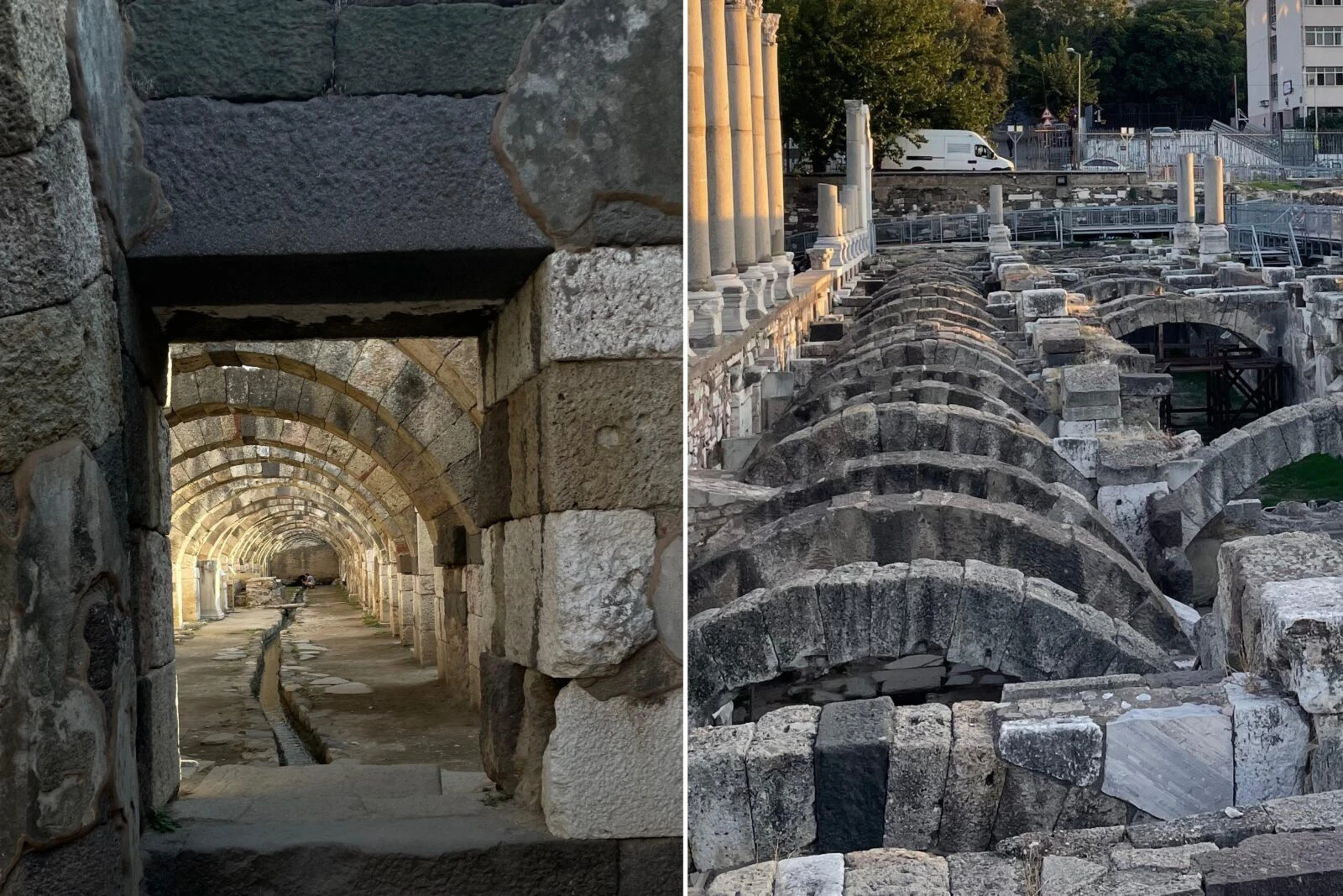 A view of the 2,000-year-old water channels and the arches above them in ancient Smyrna, İzmir, Türkiye.