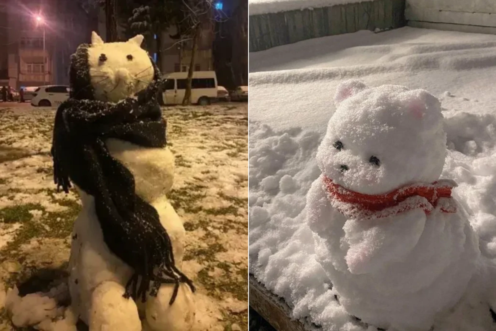 A snow sculpture shaped like a cat sits upright with a black scarf wrapped around its neck, while a smaller bear-like snow figure with pink ears and a red scarf rests on a snowy surface.