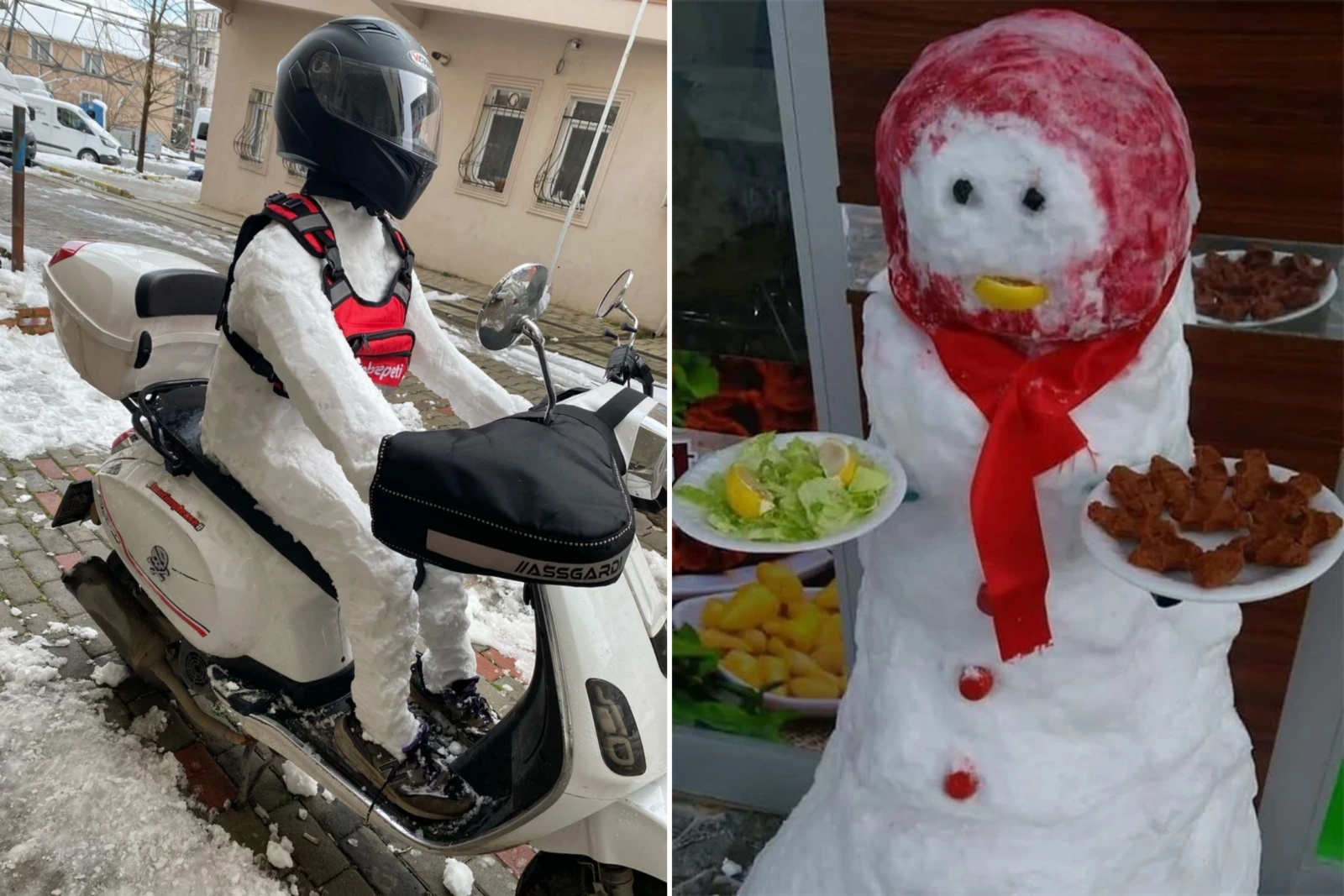 A snow figure dressed in a real motorcycle helmet and delivery vest sits on a parked scooter, while another snow sculpture holds plates of salad and cig kofte, mimicking a street vendor.