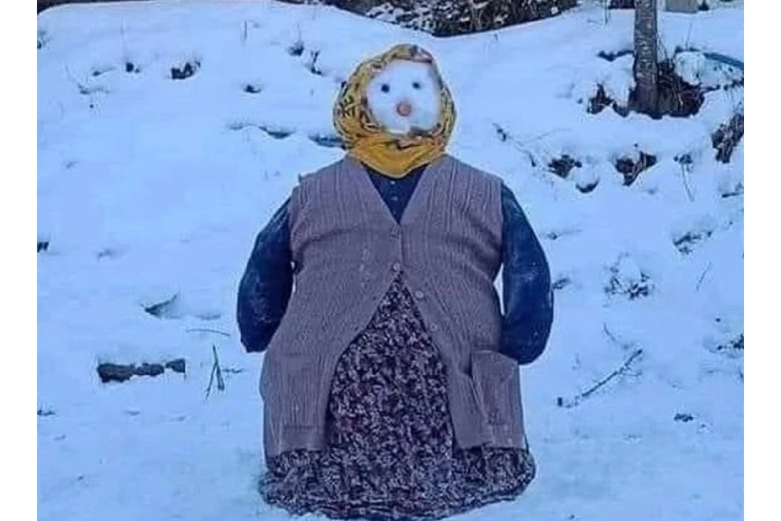 A lifelike snow figure dressed in actual fabric clothing, including a headscarf, vest, and long skirt, is positioned outdoors against a snowy rural backdrop.